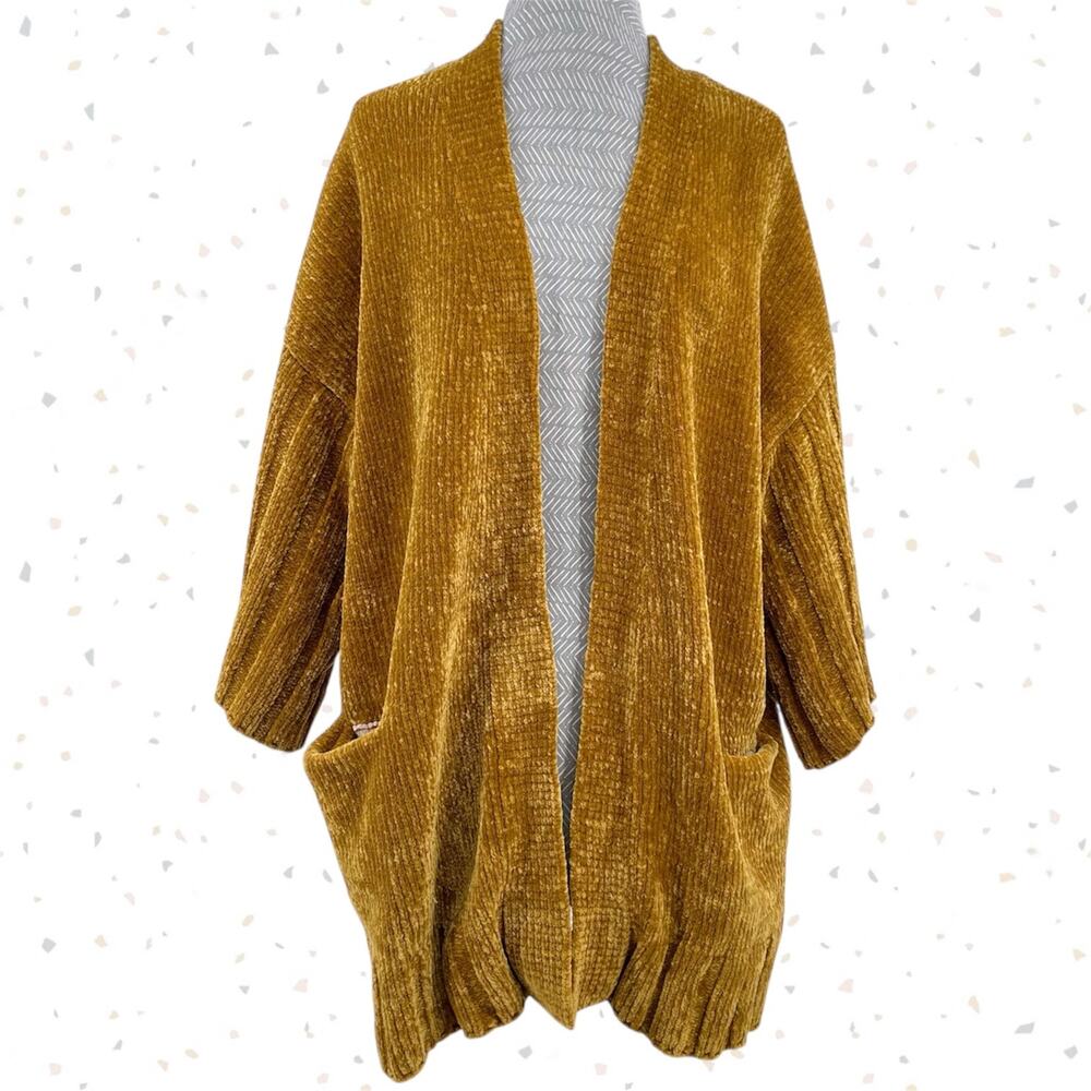 Gold Mustard Chenille Cardigan Soft Cozy Oversized Sweater Moth Anthro Size S